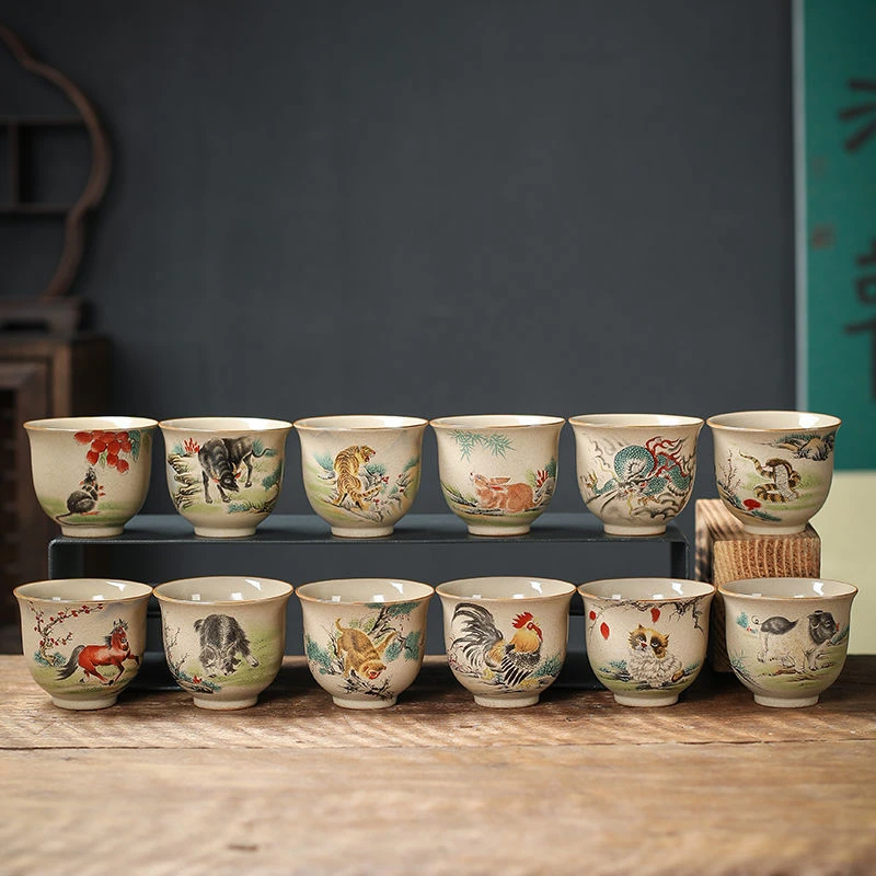粗陶复古十二生肖杯陶瓷功夫茶杯单个主人杯品茗杯个人杯口杯茶盏