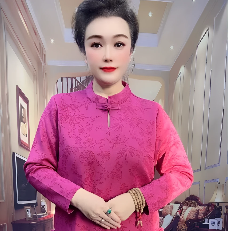 中老年新款时尚洋气宽松百搭新中式国风中立领长款轻奢高贵妈妈装