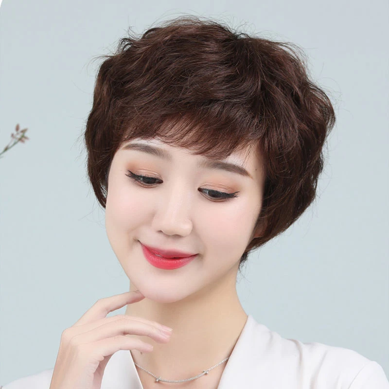 【真发头套】纹理烫时尚蓬松短卷发中老年假发女士妈妈逼真短透气
