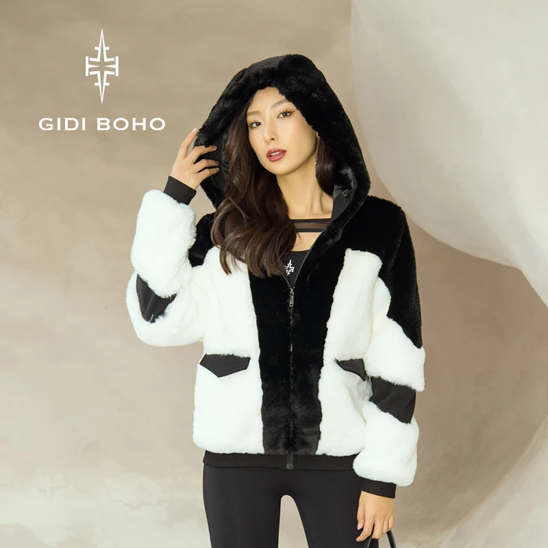 GIDI BOHO/极地薄荷新款秋冬黑白撞色短款休闲毛绒保暖连帽外套女