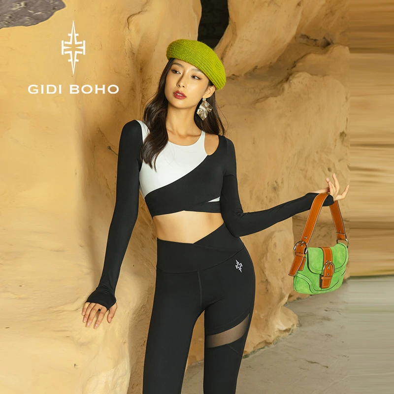 GIDI BOHO/极地薄荷瑜伽运动黑白拼接长袖上衣高腰紧身健身瑜伽服