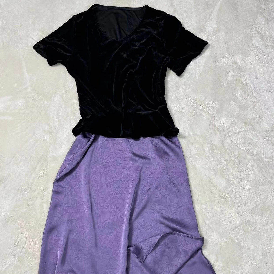 冰丝绒醋酸开衩裙套装27113