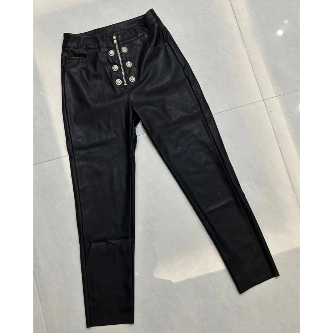 双排扣显瘦烟管裤皮裤1193