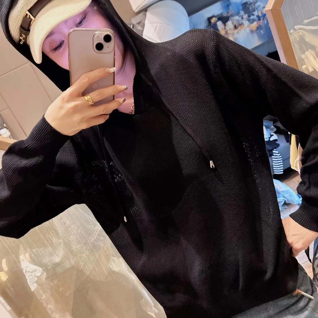 黑色长袖亚麻针织帽衫5595