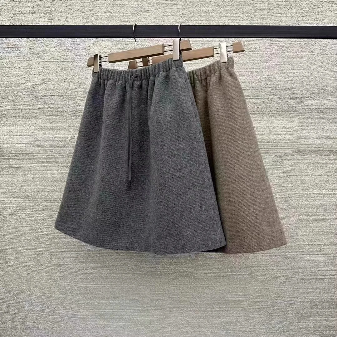 韩国东大门2025秋冬新款抽绳松紧腰毛呢半身裙女高腰A字中长裙潮