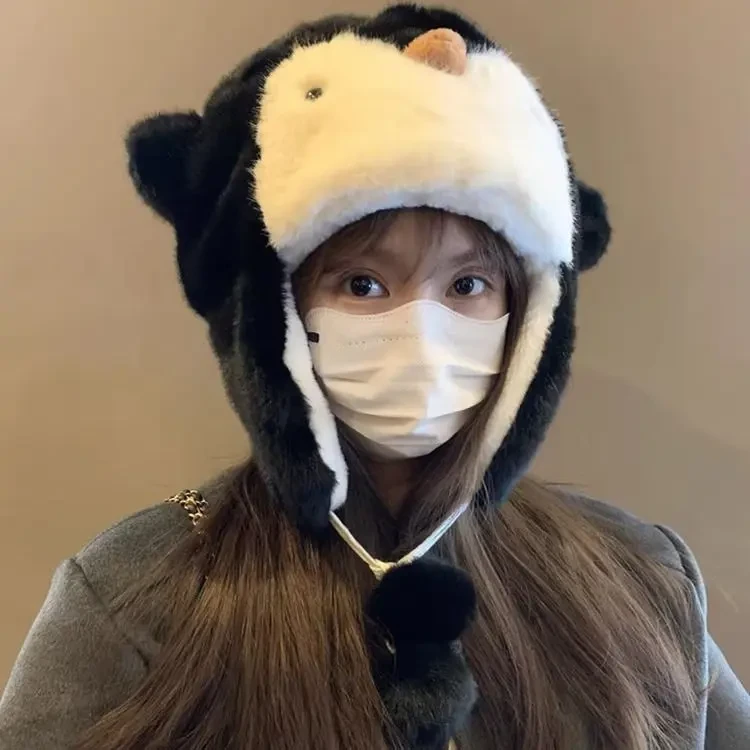 新款毛茸茸可爱企鹅帽子女秋冬季保暖可爱滑雪加厚防寒护耳防风