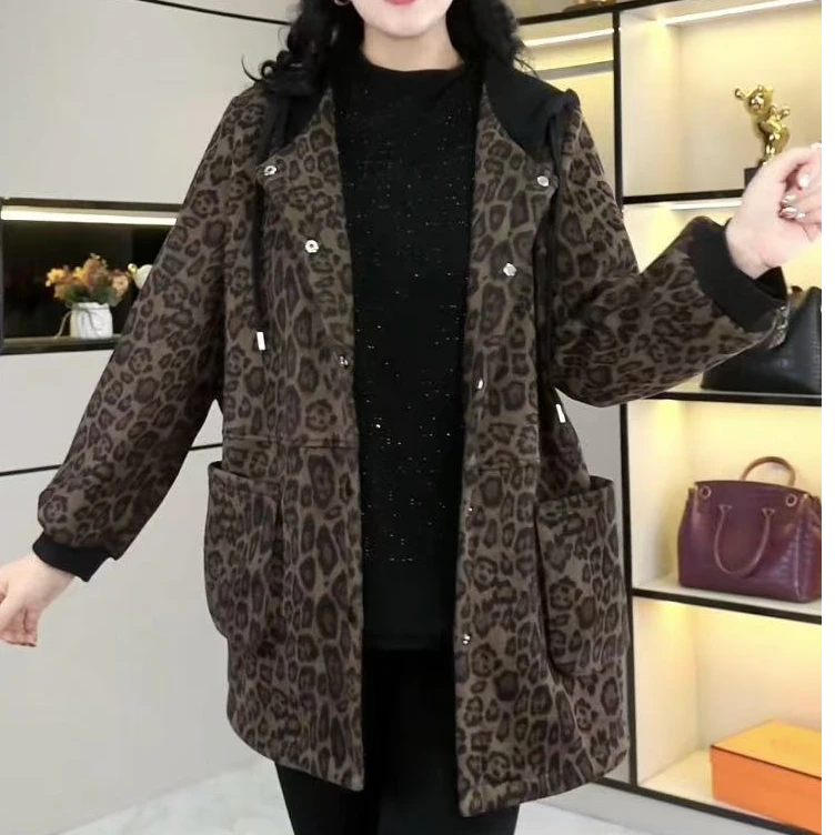 胖珍珍大码女装豹纹连帽百搭时尚秋季2024新款宽松洋气外套ZB6304