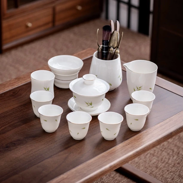 晟翔陶瓷茶具套装羊脂玉青叶盖碗主人杯11头 六君子