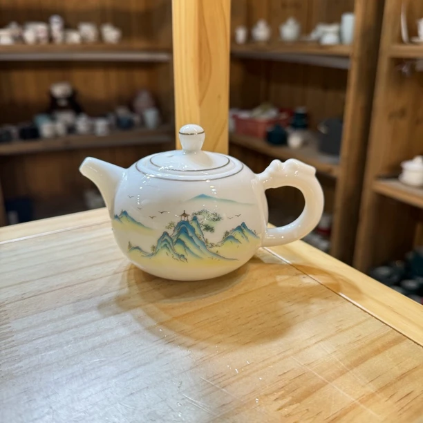 晟翔陶瓷茶具羊脂玉瓷山水龙把茶壶