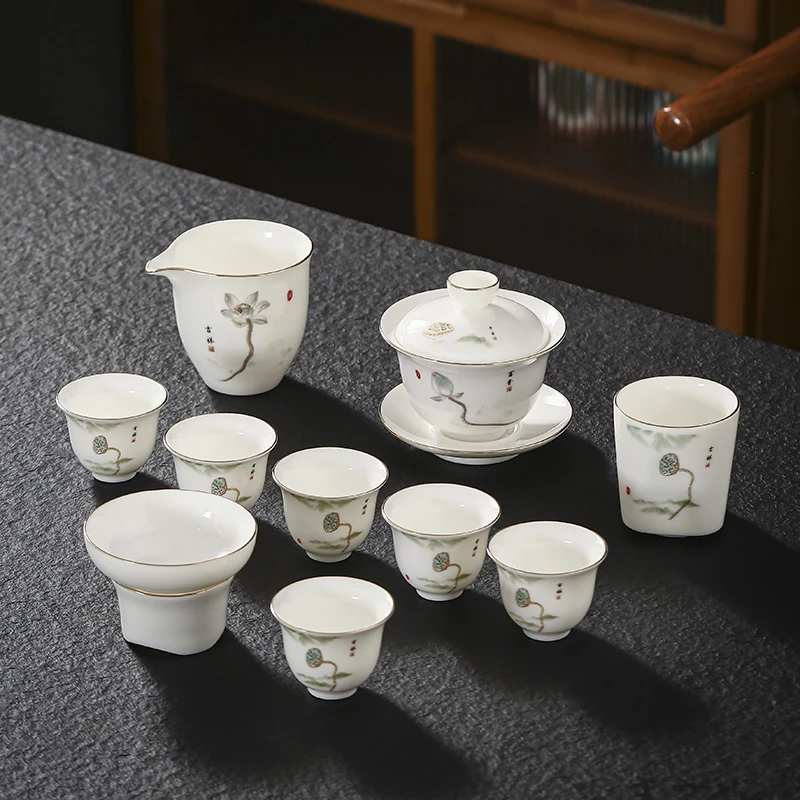 晟翔陶瓷茶具套装百格富贵盖碗主人杯11头