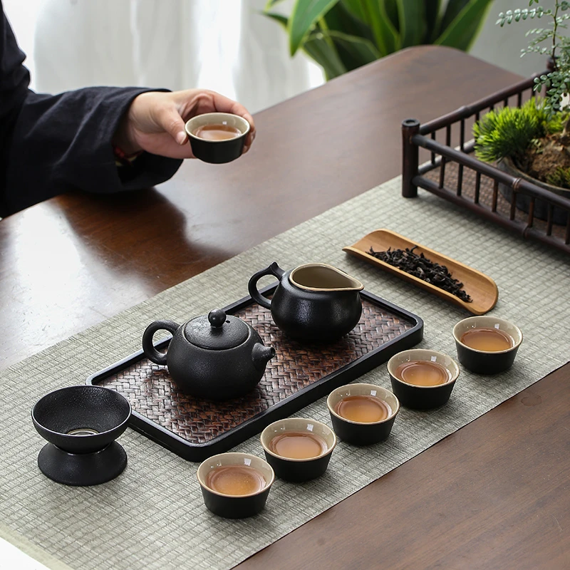 晟翔陶瓷茶具黑陶茶壶公道杯10头家用简约