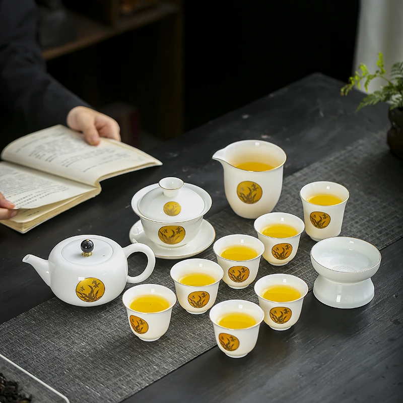 羊脂玉中国白陶瓷茶具套装茶器套装金兰茶壶盖碗11头加主人杯