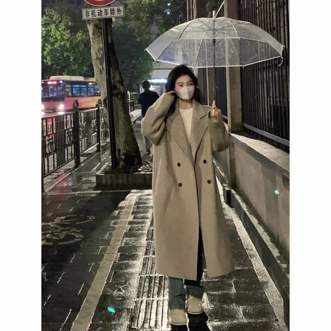 9001宽松韩版秋冬季中长款毛呢气质秋冬双排扣气质时尚大衣外套