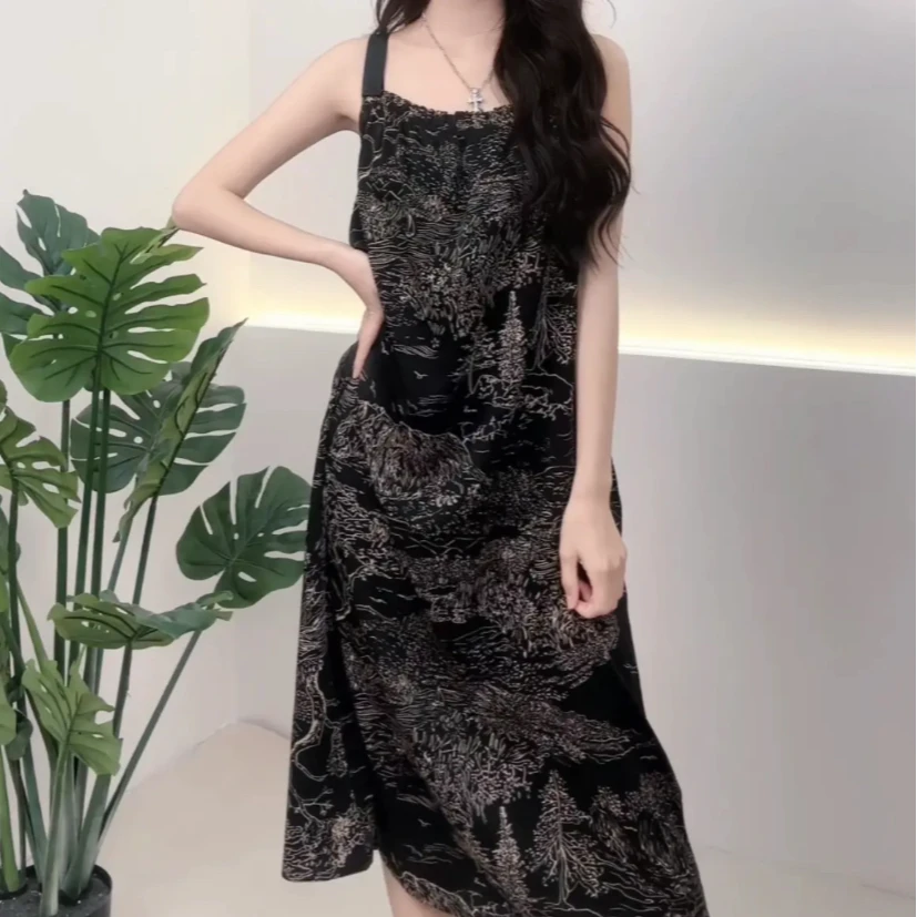 轻奢宽松长裙印花2025女款春夏缎料无袖气质时尚