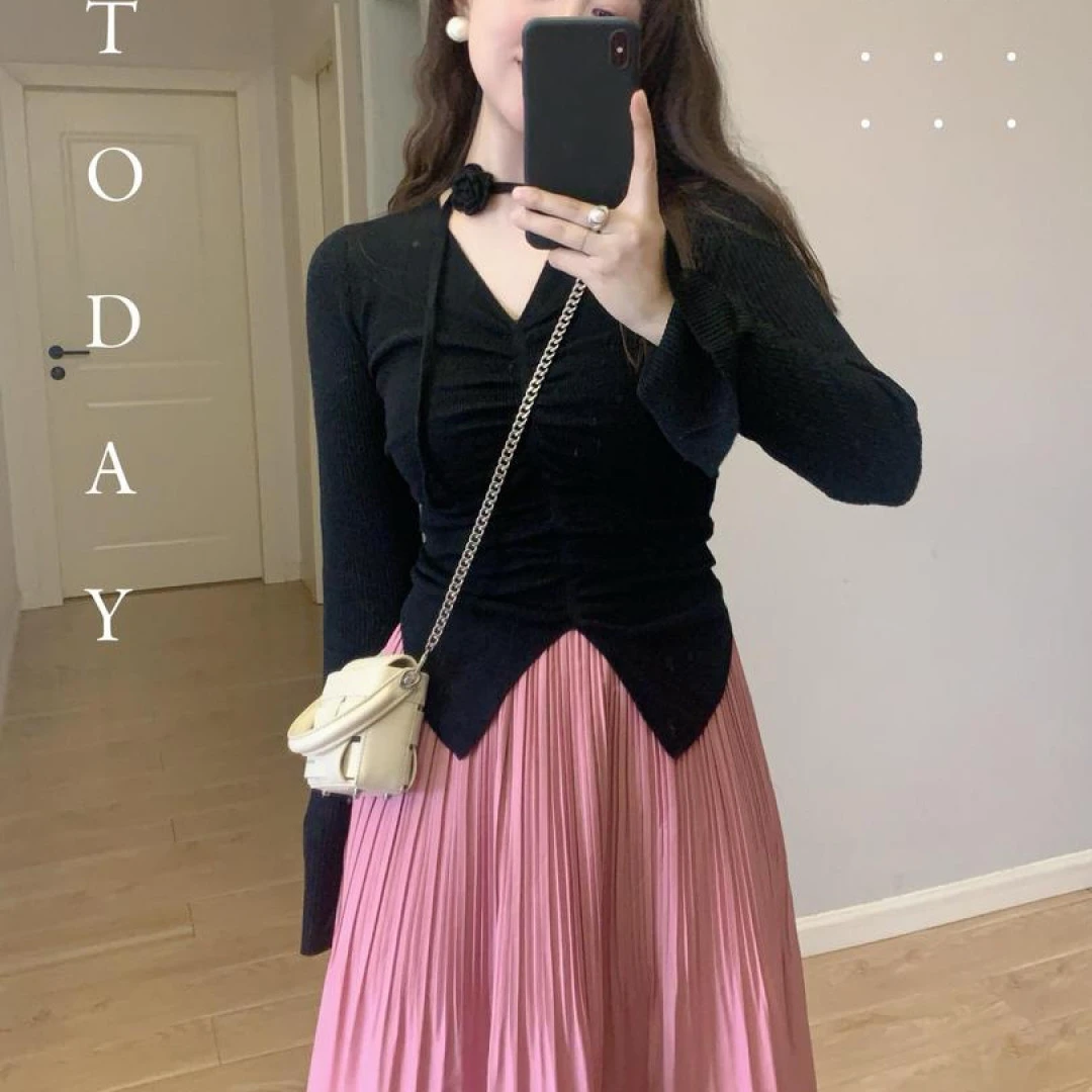 早秋穿搭一整套温柔风气质V领针织上衣女粉色百褶裙两件套装女潮