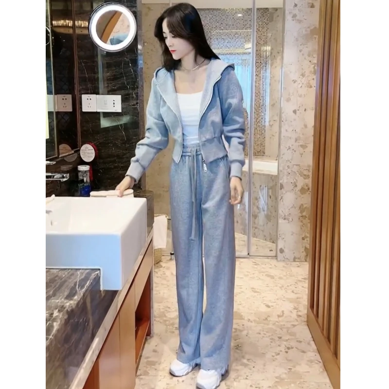 休闲运动套装女2025春秋时尚显瘦连帽开衫卫衣外套直筒卫裤两件套