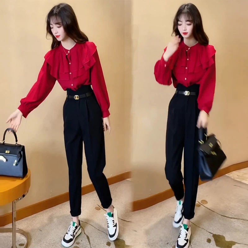 2025秋季新款御姐洋气女荷叶边宽松衬衫搭配高腰西装裤休闲两件套