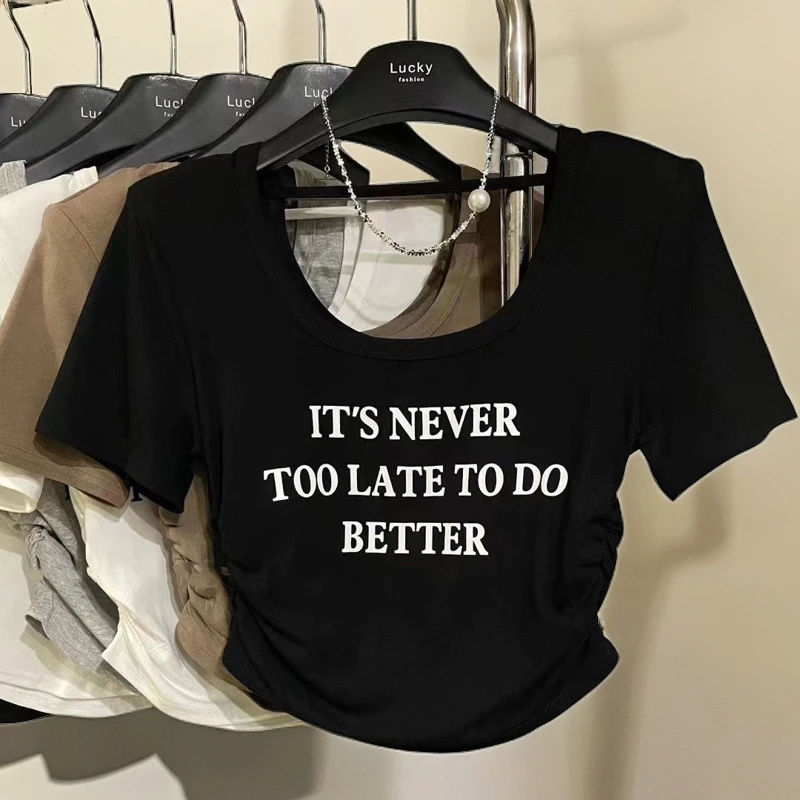 美式U领字母印花露背短袖t恤女褶皱纯欲风辣妹黑色显瘦短款上衣潮