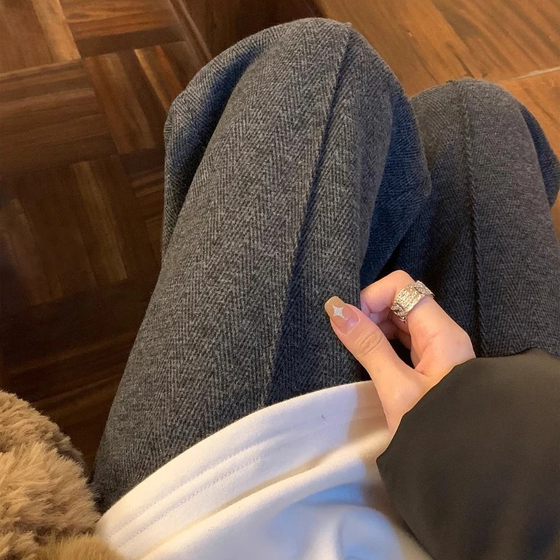 孕妇裤子人字纹孕妇阔腿裤女秋冬休闲显瘦裤灰色时尚毛呢直筒裤