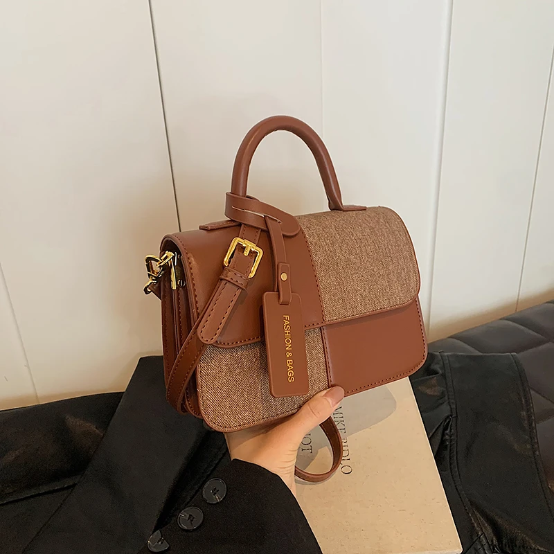 秋冬新款包包女复古百搭手提包休闲小方包拼色单肩包网红斜挎包