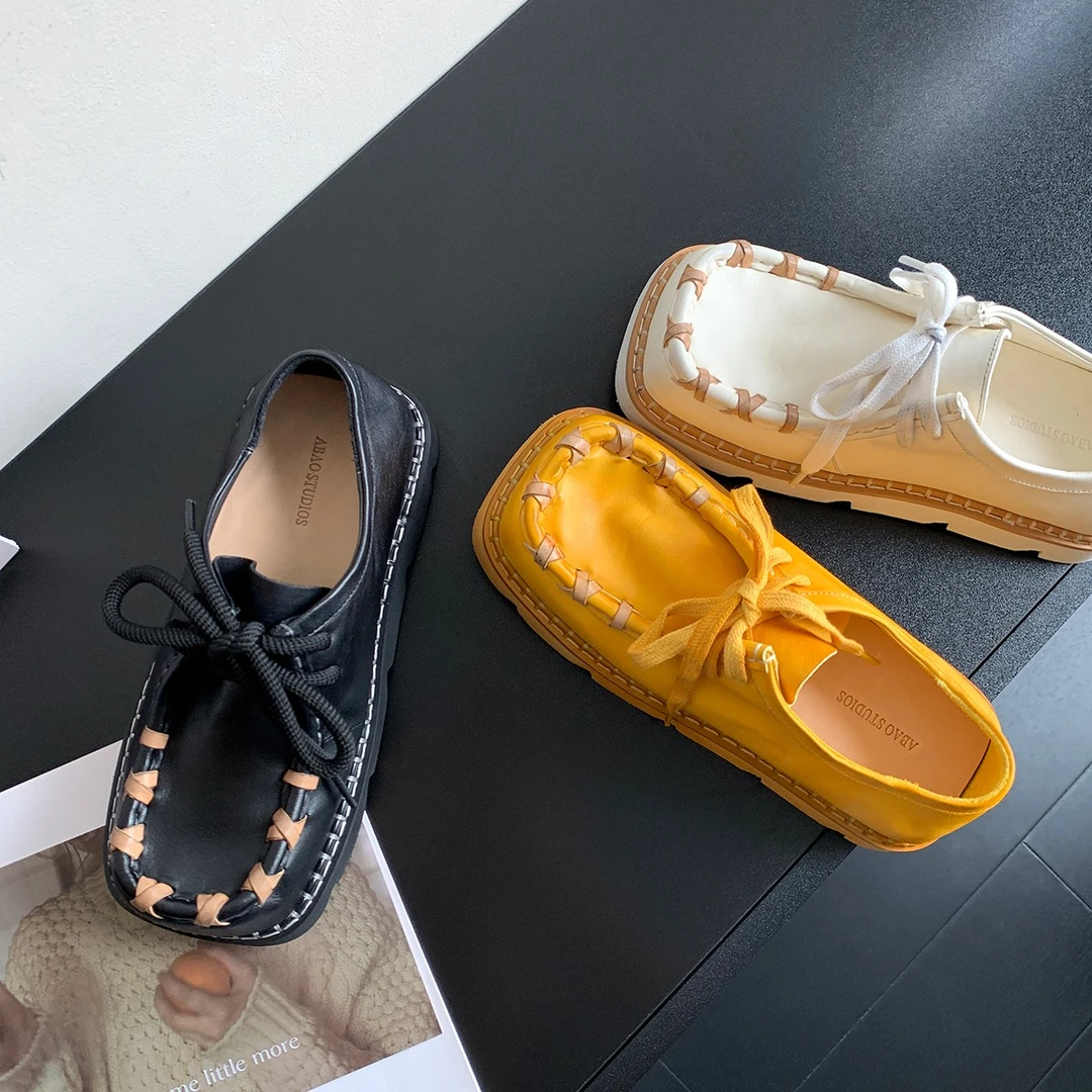 【手工制作】水洗马皮！方头单鞋女2024新款高级感中性厚底小皮鞋