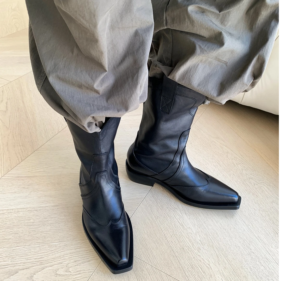 【美靴专家】英伦风黑色尖头短靴女复古时尚厚底秋冬西部牛仔尖头靴