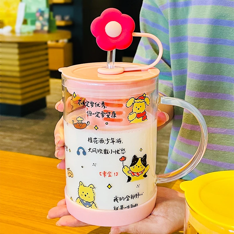 1000ml大容量水杯可爱松弛感牛奶杯家用带盖吸管杯子女士