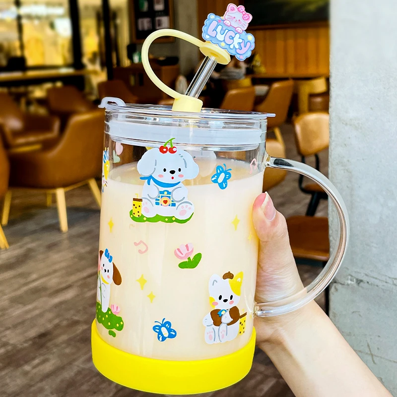 玻璃杯女高颜值大容量吸管杯卡通水杯带把手耐热咖啡杯家用牛奶杯
