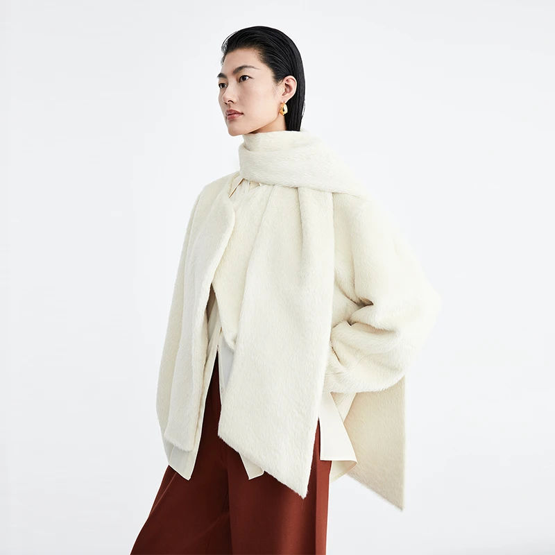 RoseLingLing可拆卸围巾羊驼羊毛无领大衣西装外套短款