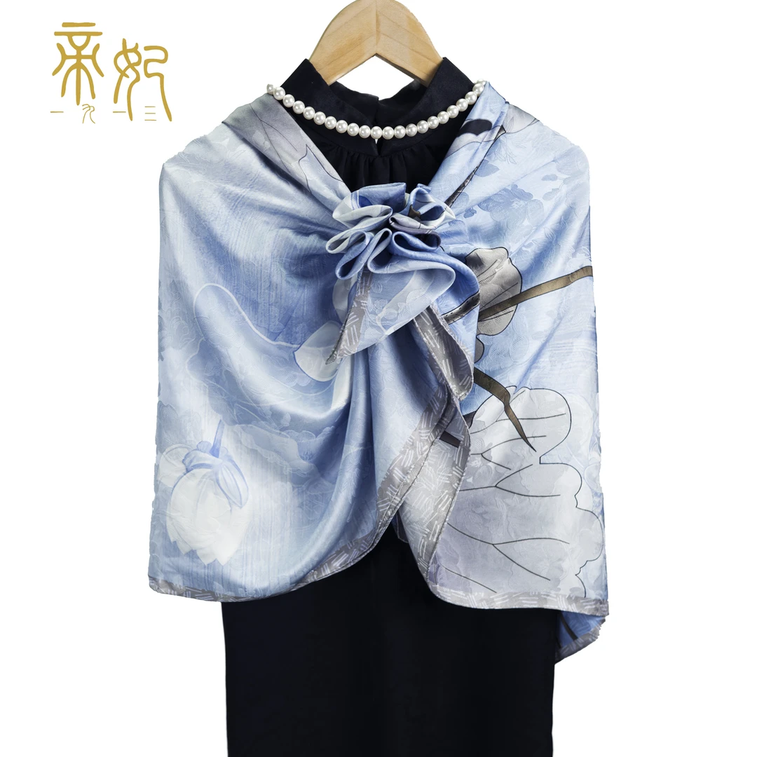 帝妃丝绸【蓝荷】140×140大方巾双面印26姆米花萝提花织花丝巾