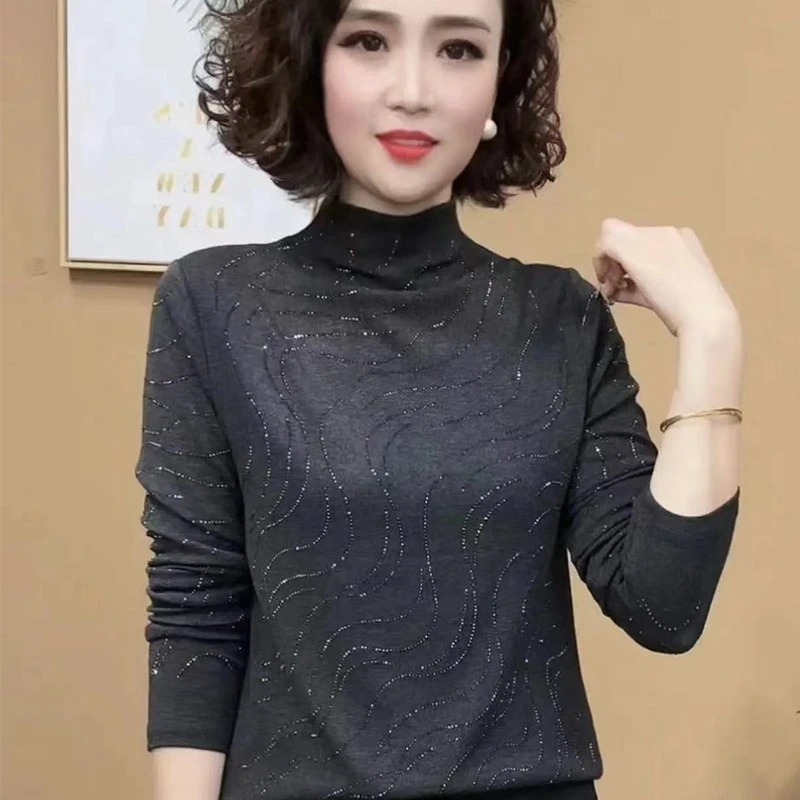 秋季新款烫钻打底衫休闲时尚百搭中年妈妈装中高领大码长袖T恤