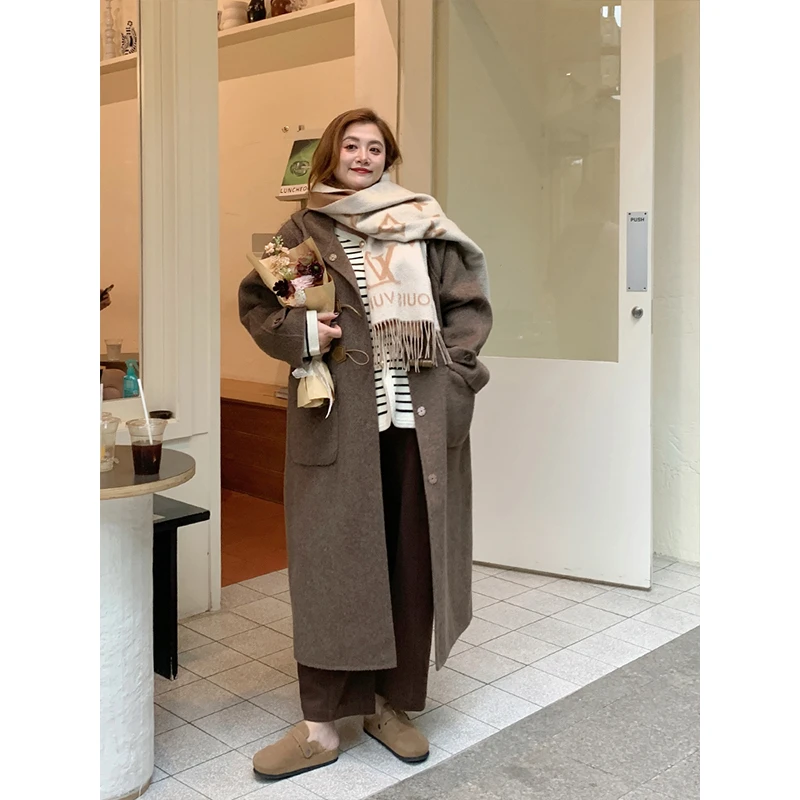 【肉肉定制】【冬日热可可】大码女装冬牛角扣连帽双面呢羊毛大衣外套