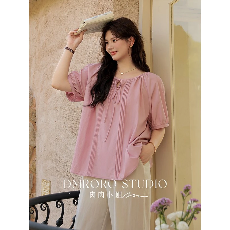 【肉肉小姐】大码女装夏季新品法式圆领条纹系带短袖衬衫上衣