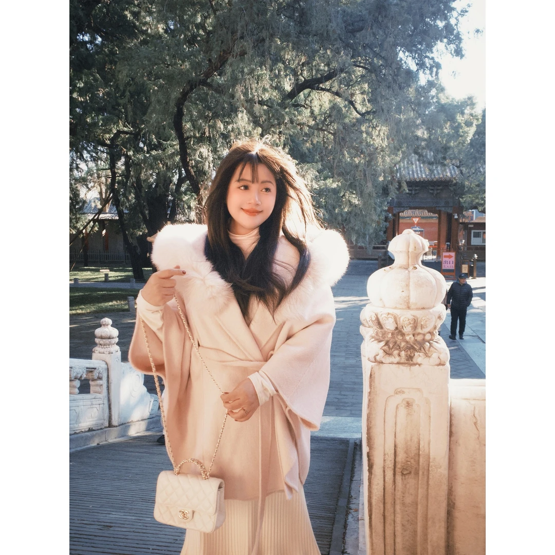 【肉肉定制】大码女装2024冬季新品狐狸毛双面呢羊毛外套斗篷大衣