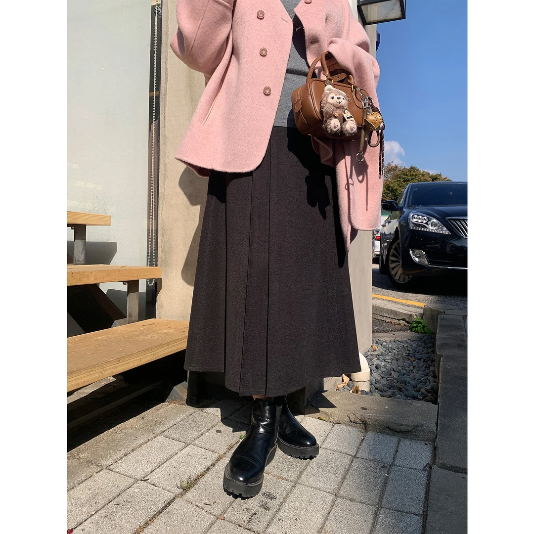 【肉肉定制】大码女装2024冬季高腰A字加厚仿毛呢百褶半身裙