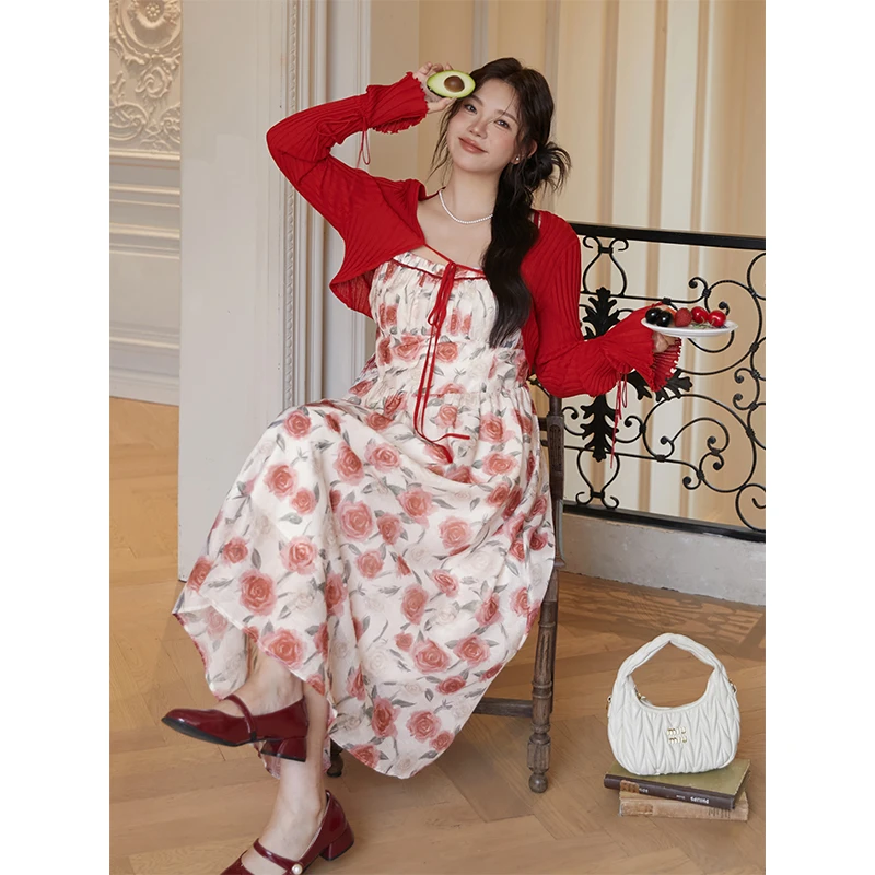 【肉肉小姐】【红玫瑰】大码女装夏季法式碎花吊带裙短款开衫套装