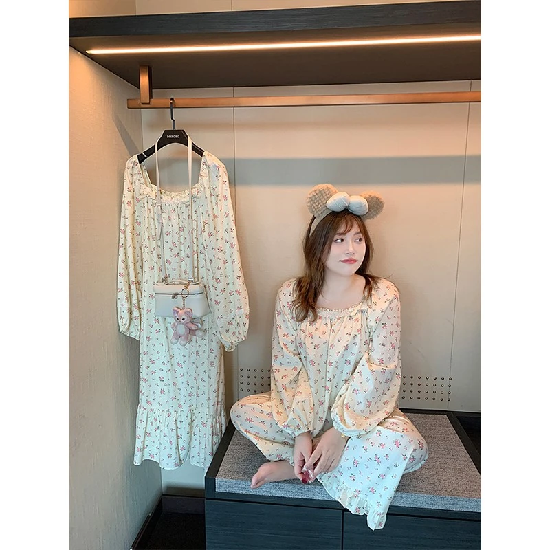 【肉肉小姐】大码女装2024甜美碎花纯棉睡裙宽松花边家居服连衣裙