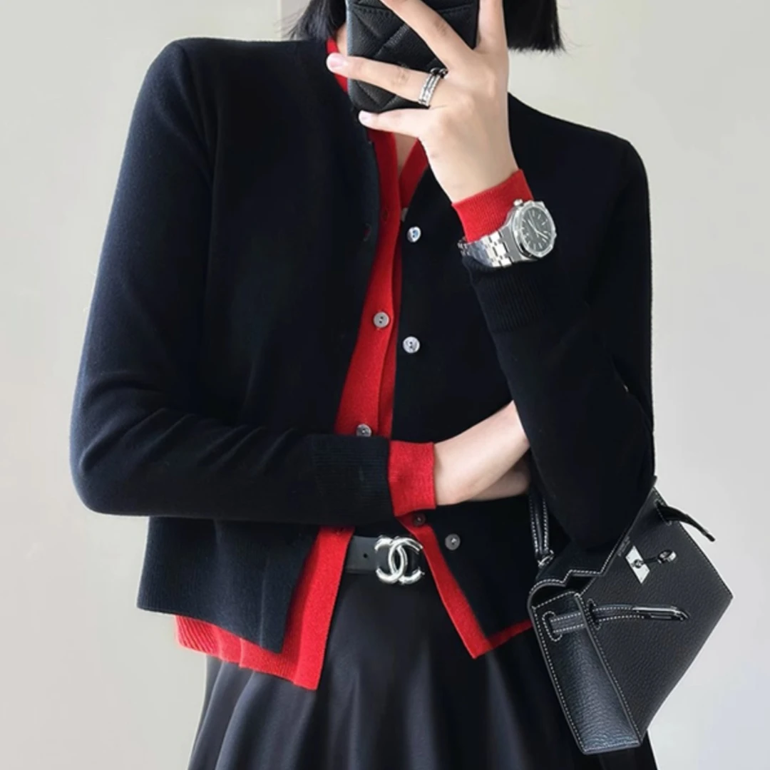 2024早秋假两件毛撞色小众针织长袖开衫撞色双层门襟设计小外套