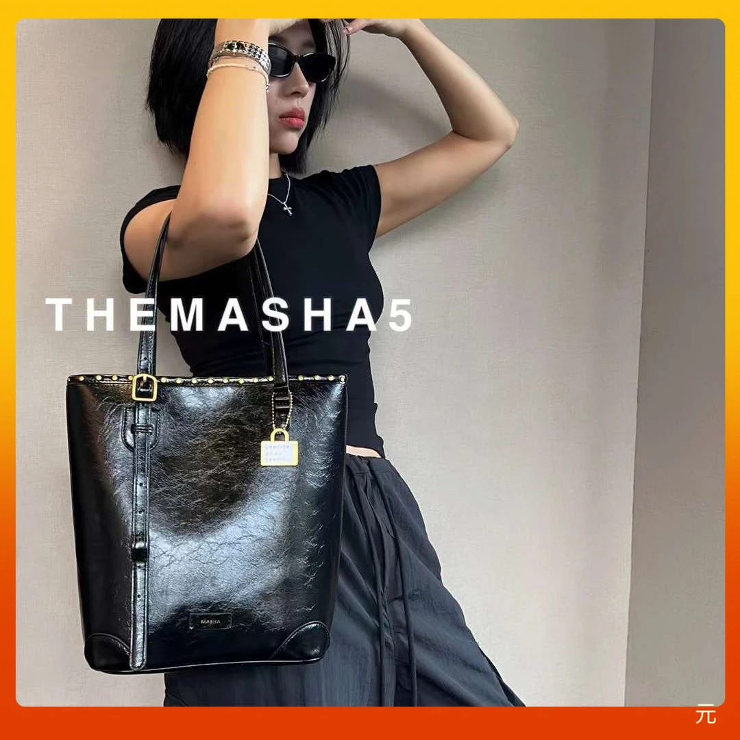 玛莎2024新款时尚百搭小牛皮水桶包托特包女大容量简约单肩包大包