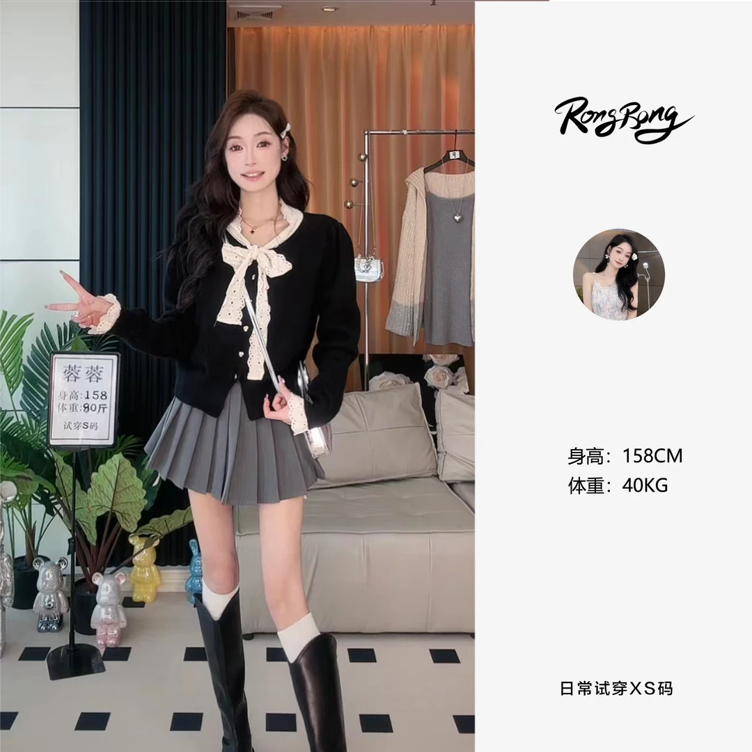 【蓉蓉专属】X0748法式蕾丝系带针织开衫泡泡袖显瘦外搭毛衣外套