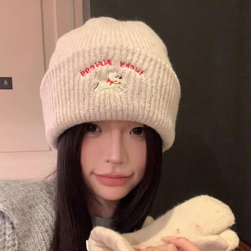 日系甜美可爱小狗刺绣毛线帽子女秋冬百搭保暖大头围显脸小针织帽