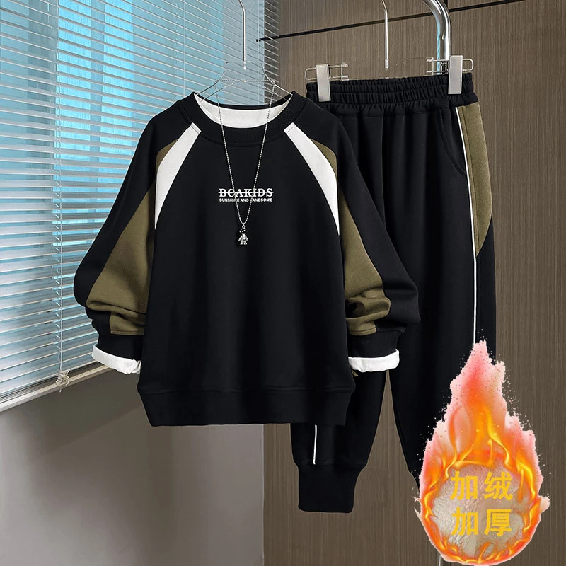 【加绒/不加绒】男童装2025春秋季新款潮酷休闲圆领卫衣套装两件套