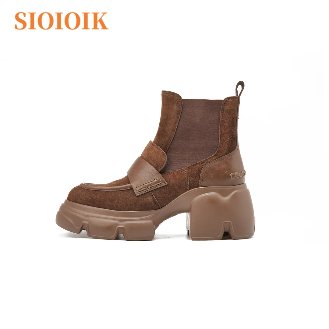 百搭秋冬季新款时尚厚底烟管靴靴子短靴粗跟复古真皮英伦风设计师