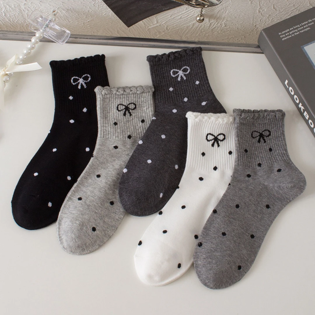 白色波点蝴蝶结袜子女秋冬季中筒花边棉袜搭配小皮鞋女袜长袜吸汗
