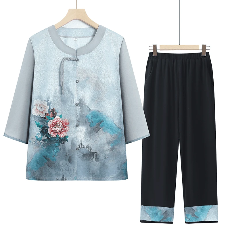 奶奶夏装中袖套装中老年人女装妈妈开衫老太太夏季宽松衣服两件套