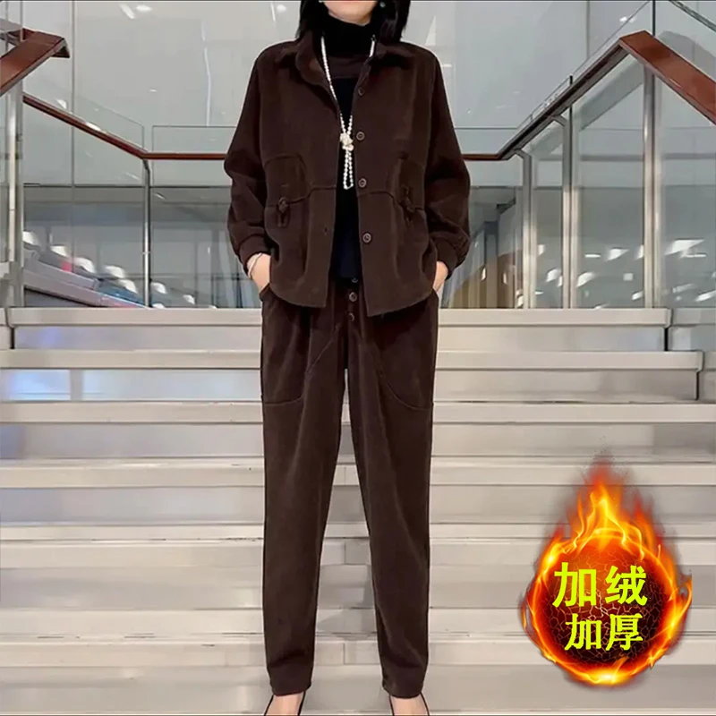 2023秋冬新款盘扣套装两件套女妈妈装女装上衣裤子两件套加绒加厚