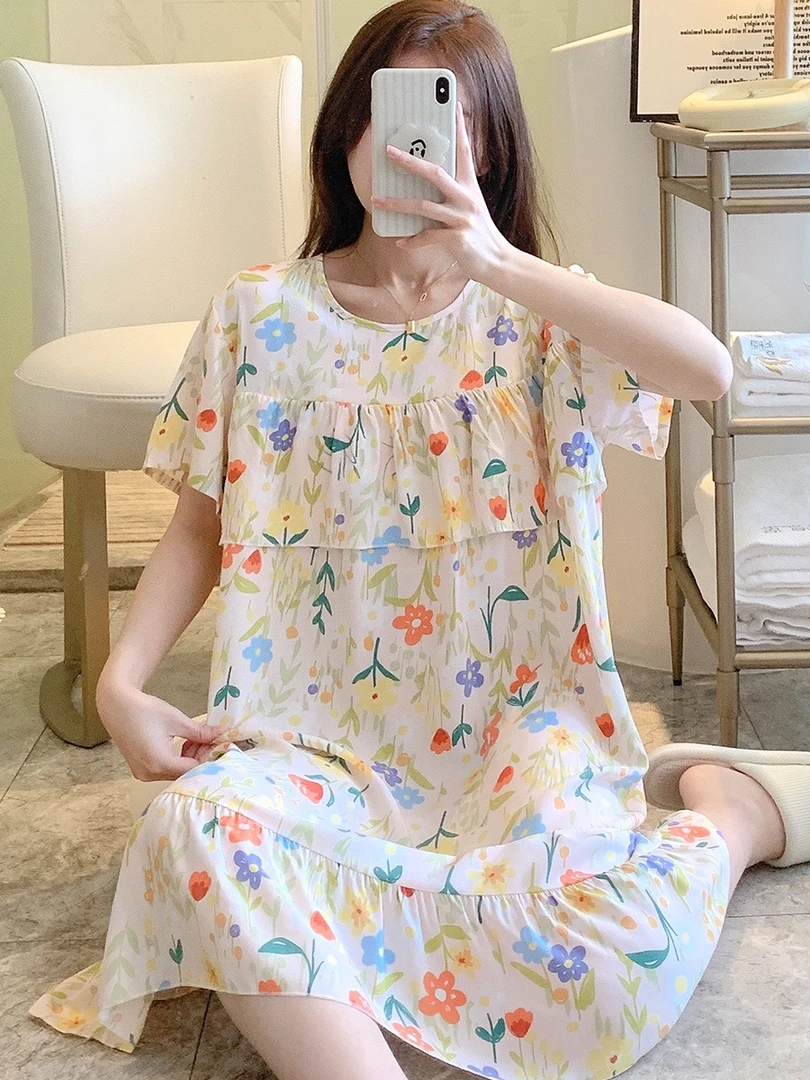 棉绸家居服碎花睡衣韩版时尚显瘦夏季薄款中长款印花宽松