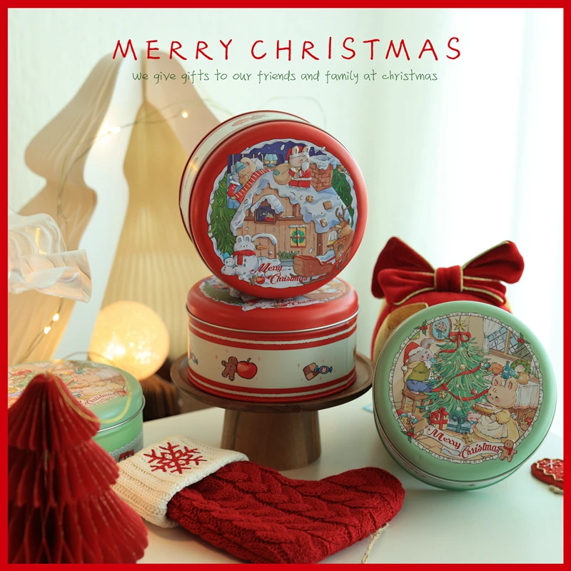 圣诞节包装饼干包装盒铁盒红色绿色大号空盒子礼物盒糖果盒