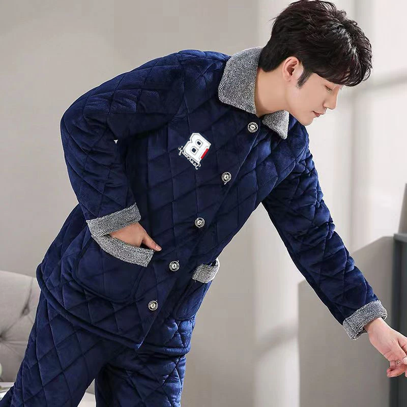 冬季睡衣男士超厚三层夹棉法兰绒加绒加厚冬天休闲保暖家居服套装