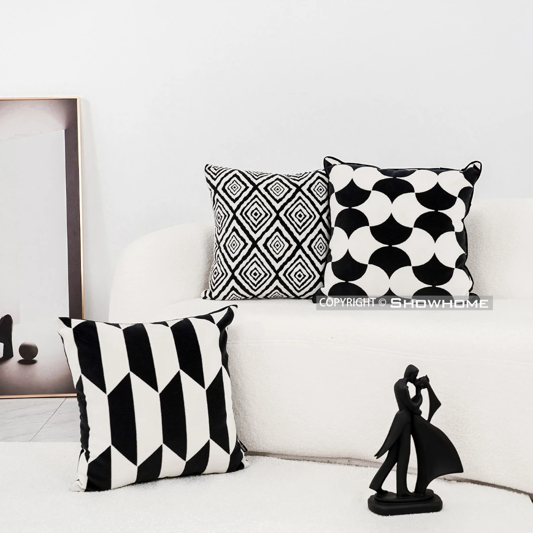 SHOWHOME【黑白棋盘格】沙发靠背垫组合抱枕靠枕简约靠垫腰靠